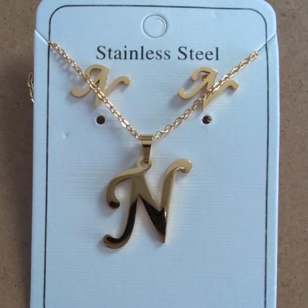 Gold Initial 'N' Necklace and Earrings Stainless Steel Set
